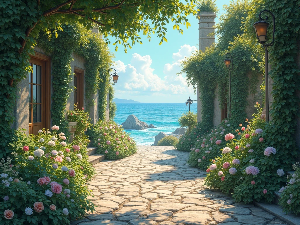 a street covered with ivy-style flowers leading to the sea realistic