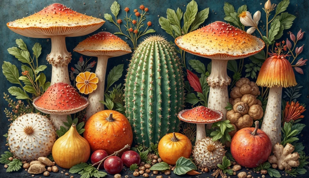 A seamless pattern on a black background featuring small, detailed illustrations of fern fronds, red and white-spotted fly agaric mushrooms (Amanita muscaria), bird skulls, blackberry clusters, and pine cones. The ferns should have intricate leaf patterns, appearing lush and slightly wild. The mushrooms should vary in size and angle, with bright red caps and white spots vividly detailed. The bird skulls should have realistic bone textures and be depicted from various angles, appearing aged and slightly worn. The blackberry clusters should have plump, dark purple berries with green leaves, detailed with fine veins and slight imperfections. The pine cones should vary in size and angle, with detailed scales and natural textures, appearing slightly aged. The elements should be evenly distributed, creating a balanced and harmonious pattern. Realistic yet clearly illustrative style.