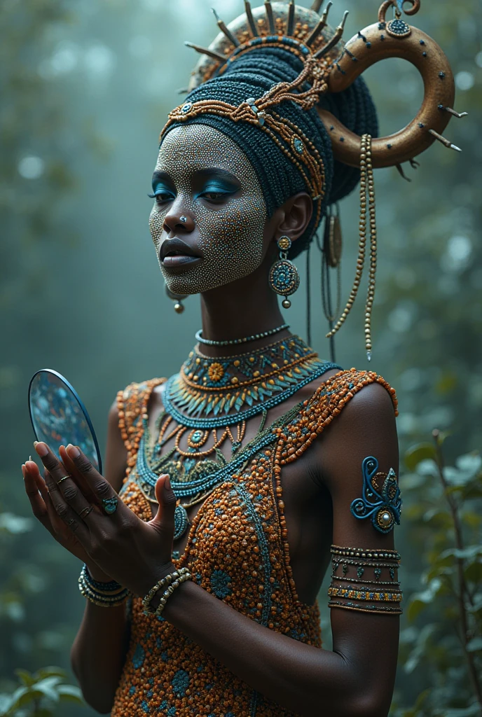 Orixá Oxum africana with mirror in her hand and face covered with beads 