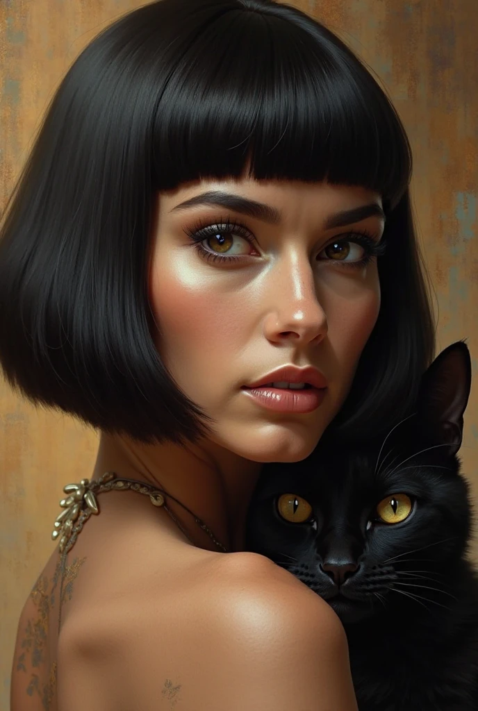 Photo of Cleopatra's face, up to the shoulders with black bobs, Egypt was in the back and the black cat on the right,
