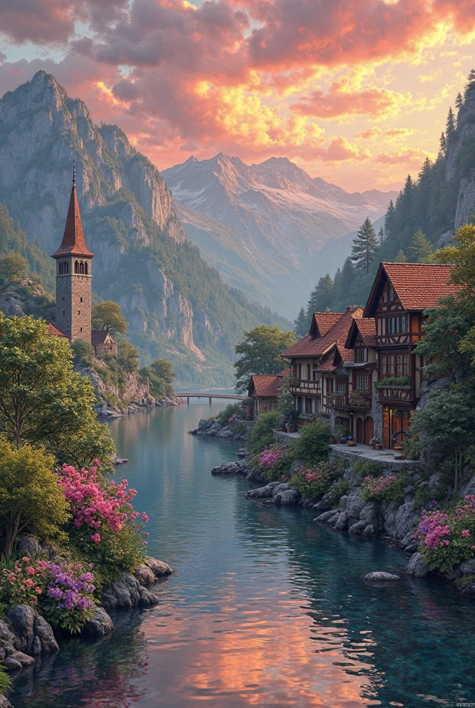 a small village by the river, mountains in the background, floral flowers colorful, detailed landscape, Beautiful natural landscapes, atmospheric lighting, scorching sunset, warm colours, practical, photo practical, Detailed Foliage, complex buildings, cobblestone street, Charming country house, swirly vibrant colors, lush vegetation, Still water reflections, Picturesque, idyllic, work of art, best quality, 8k, extremely detaild,anime styling