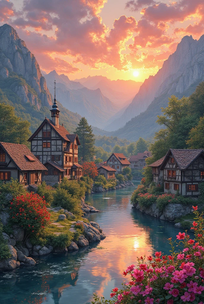 a small village by the river, mountains in the background, floral flowers colorful, detailed landscape, Beautiful natural landscapes, atmospheric lighting, scorching sunset, warm colours, practical, photopractical, Detailed Foliage, complex buildings, cobblestone street, Charming country house, swirly vibrant colors, lush vegetation, Still water reflections, Picturesque, idyllic, work of art, best qualityer, 8k, extremely detaild,anime styling