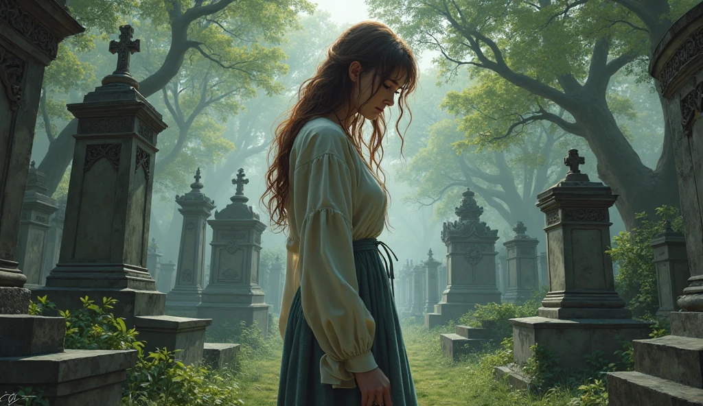 An image of a woman in a cemetery.