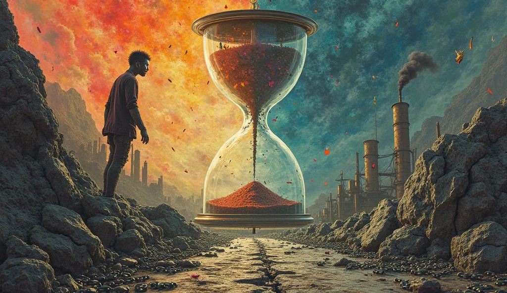 The Übermensch stands at a crossroads: Left path shows their vibrant, multicolored shadow climbing a mountain of broken chains; Right path shows a faded, ghostly version of them shackled to a factory conveyor belt producing identical dolls. A colossal hourglass looms above, its top half sand labeled ‘ISOLATION,’ the bottom ‘UNLIVED LIFE,’ with the latter half cracked and leaking black smoke. Style: Allegorical surrealism with stark contrasts (vivid vs. desaturated), inspired by Dante’s Inferno landscapes.