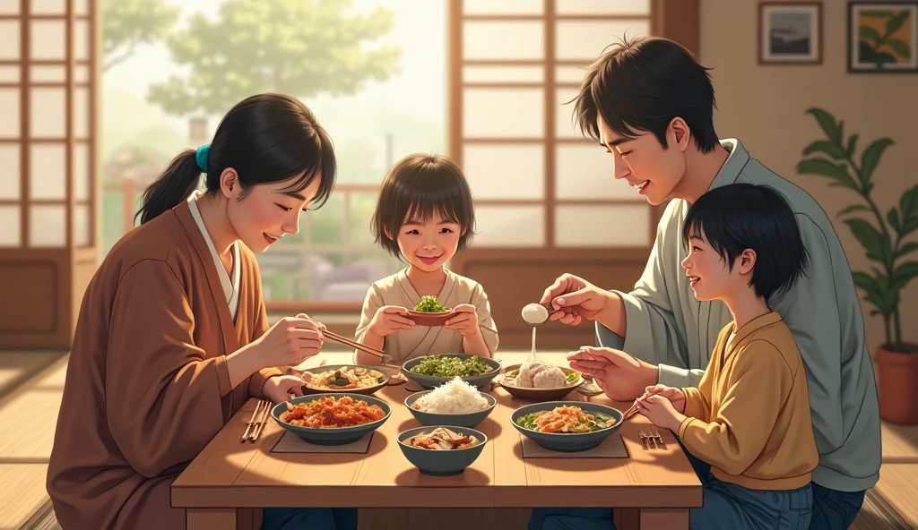 A Japanese family enjoying a meal together at home with simple dishes and no advertisements or packaging on the table. ultra realist image, image ultra realist.