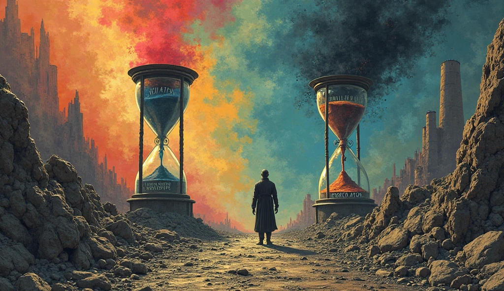 The Übermensch stands at a crossroads: Left path shows their vibrant, multicolored shadow climbing a mountain of broken chains; Right path shows a faded, ghostly version of them shackled to a factory conveyor belt producing identical dolls. A colossal hourglass looms above, its top half sand labeled ‘ISOLATION,’ the bottom ‘UNLIVED LIFE,’ with the latter half cracked and leaking black smoke. Style: Allegorical surrealism with stark contrasts (vivid vs. desaturated), inspired by Dante’s Inferno landscapes.