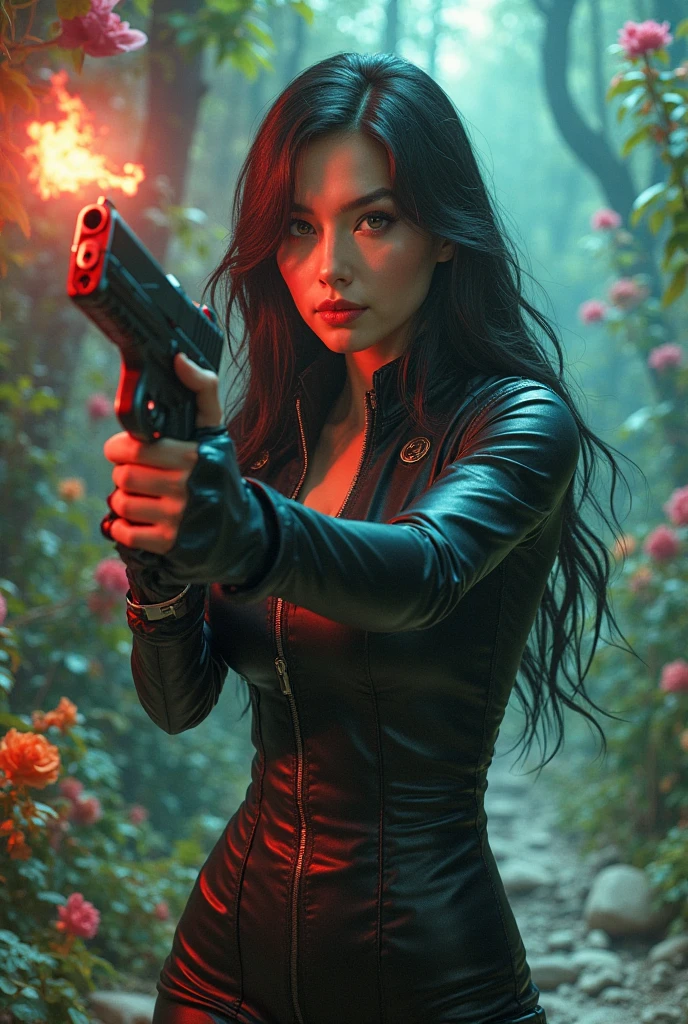 A Fortnite skin has my effigy . So I want a female secret agent secretary skin with a gun attached to this drinker's cup-shaped kitchen I want a chinions then an exotic background 