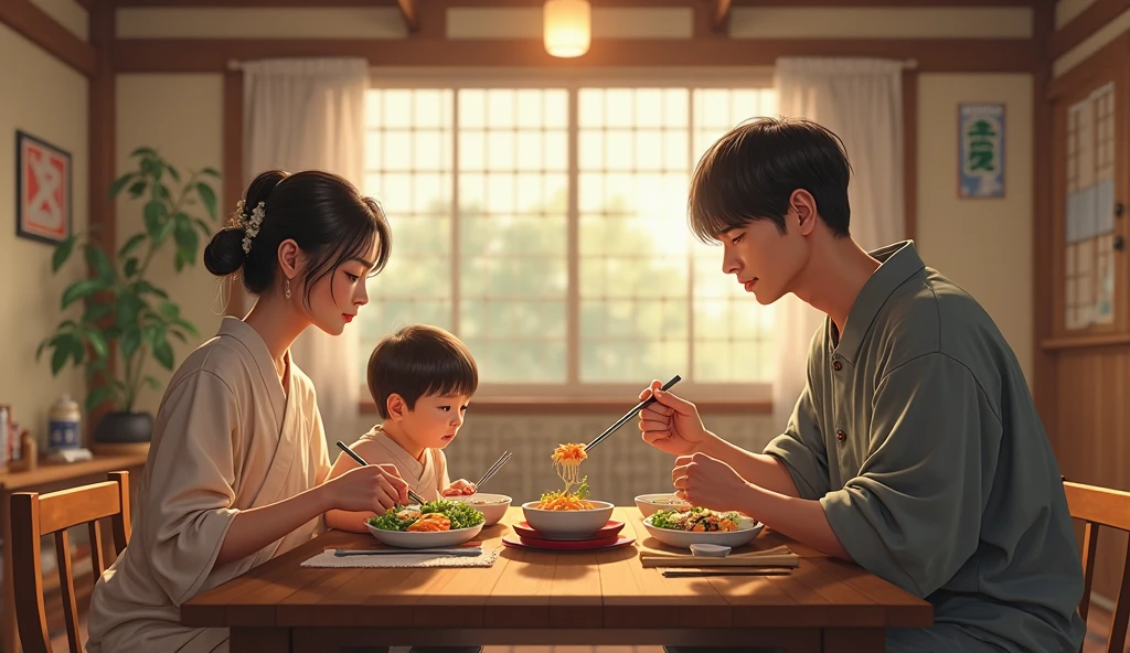 A Japanese family enjoying a meal together at home with simple dishes and no advertisements or packaging on the table. ultra realist image, image ultra realist, realist image.