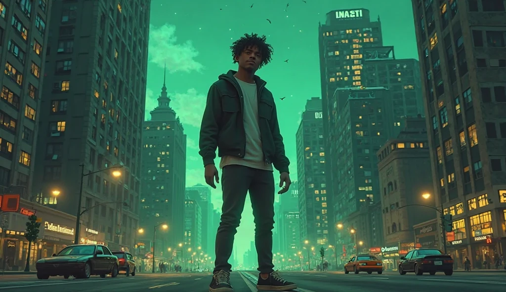 Absolutely! Here's the **updated thumbnail script** with your request: a **super tall Black boy**, taller than buildings, placed **mid-frame**, with buildings around him — all in a **bottom-to-top view**, no text.

---

🎬 **Thumbnail Script (No Text)**  
🎥 **Scene Type:** Cinematic / Realistic Illustration  
📸 **Camera Angle:** **Bottom-to-top low-angle shot** (as if from the street, looking up)

---

### 🎭 **Subject (Mid-frame Giant Boy)**

- A **Black age boy** with **curly hair**, standing **in the center** of the frame.  
- He's wearing a stylish, **ZARA-inspired urban jacket**, fitted and fashionable.  
- His **size is enormous** — **his head is above the skyline**, **towering over skyscrapers**.

- One **foot stepping on a wide city street**, with **small cars and people scattered below**, giving a **scale of his size**.  
- His **eyes looking calmly downward**, maybe a little confused or gentle.  
- One **hand brushing past a tall building**, like it's a pole.

---

### 🏙️ **Buildings and Background (Left & Right)**

- Tall skyscrapers on both sides of him, some reaching up to **his waist or chest only**.  
- A few buildings have **windows reflecting green city lights**.  
- Some **neon signs** or rooftop lights glowing dimly.

---

### 🌌 **Atmosphere & Color Tone**

- **Evening sky with a dreamy green-night glow** (as per your style).  
- Slight fog or haze near the top of the buildings.  
- **Light green glow** around his body, making him stand out.  
- A few **birds or clouds near his shoulder level** to show height.

---

Let me know if you want this turned into an actual image or animated concept!