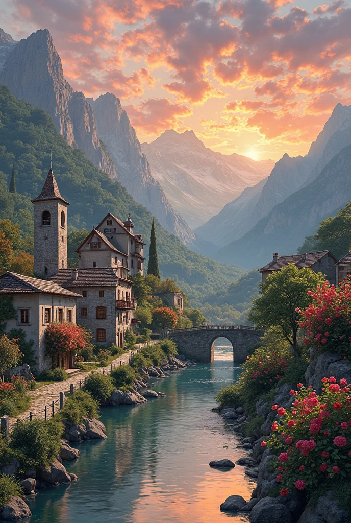 a small village by the river, mountains in the background, fleurs florales colorées,  detailed landscape , Beaux paysages naturels, atmospheric lighting, coucher de soleil brûlant, warm colors, pratique, photorealistic, Detailed foliage ,  complex buildings, Cobblestone street, Charming country house, bright swirling colors, lush vegetation,  Reflections of still water, Pittoresque, idyllique,  work of art, best quality, 8k, extremely detailed, style anime.