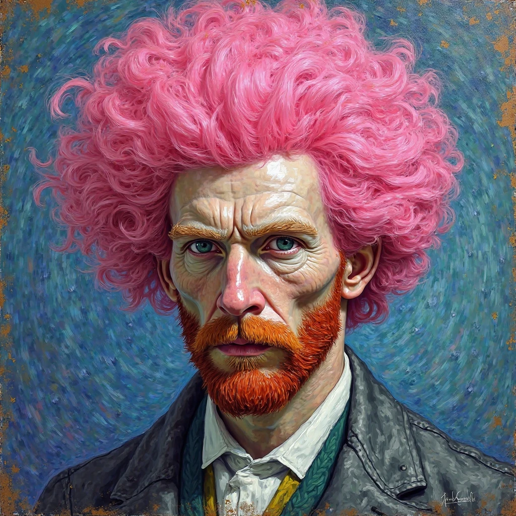 Image of vincent van gogh but with a pink afro