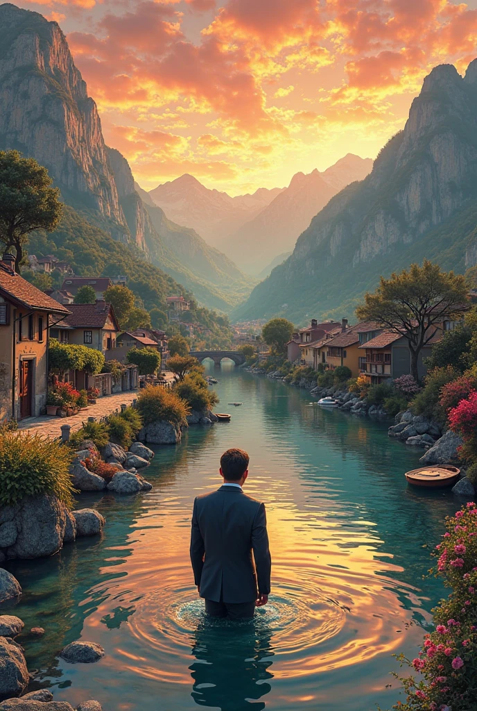 a small village by the river, mountains in the background, floral flowers colorful, detailed landscape, Beautiful natural landscapes, atmospheric lighting, scorching sunset, warm colours, practical, photopractical, Detailed Foliage, complex buildings, cobblestone street, Charming country house, swirly vibrant colors, lush vegetation, Still water reflections, Picturesque, idyllic, work of art, best qualityer, 8k, extremely detaild,anime stylingwe see the man in front firstly. he is standing in the bathtube he dont wear tie but e wears suit eithout tie.
secondly, he takes a step out of the bathtube he is still standing. 
thirdly, the red tie flying in the air
fourth, A handful of buttons spilling into the tub.
fifth, The man with his shirt on inside out, his back to the wall. make a video