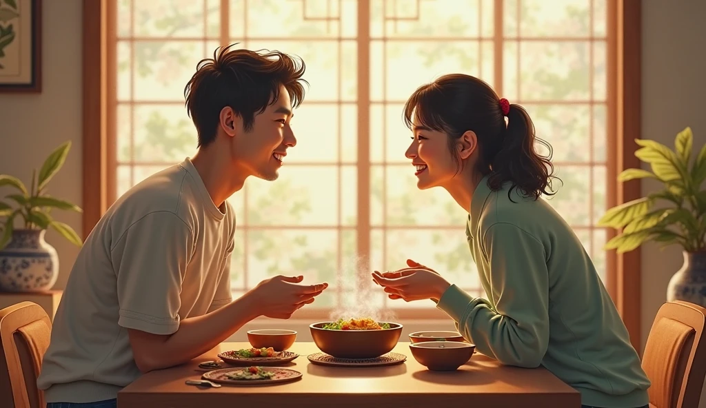 A Japanese couple enjoying dinner together at home, no devices, making eye contact and laughing in a peaceful setting.