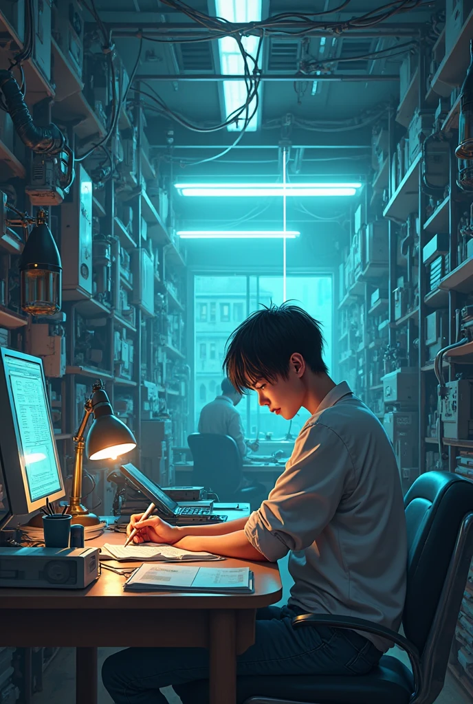 top quality, A large picture of ren studying in the machine room is drawn on the office screen, A man staring at a screen in the office, pen, A thin neon sign is floating in the air, profile