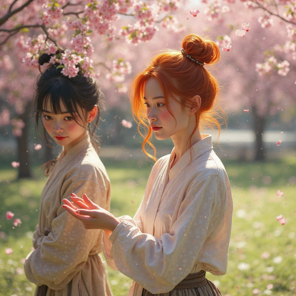 In the style of impressionism, photorealistic, HD, Echt, hyperrealistic, zwei Frauen, A young woman, one with bright red hair and freckles, leichtes Lächeln und A young woman mit kurzen schwarzen Haaren, she makes Gi Gong, Tai-chi-chuan, 8 Brokaten, Full body shots ,  full body portrait , spring, sunshine, red white cat,  im Park am See, Cherry blossoms, Very nice motif.