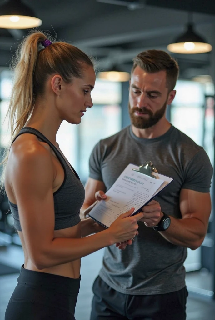 A male physical education teacher conducting a physical assessment on a woman in the park.