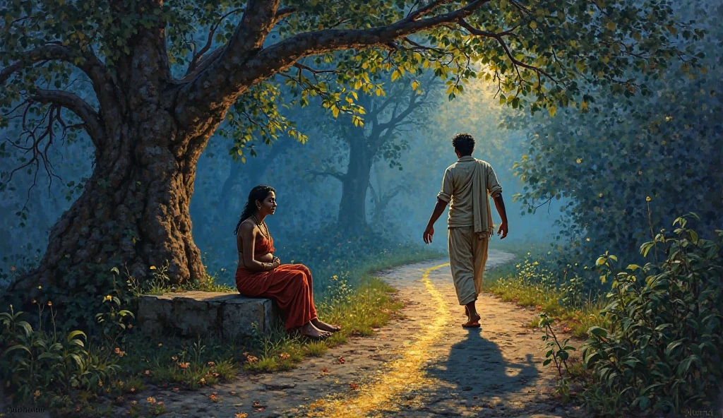 *"A dramatic Tanjore-style painting capturing the heart-wrenching moment of separation. The husband turns away from his laboring wife towards the distant light, his body physically torn between duty and love. The composition freezes this pivotal instant where his face is half-turned back, one hand still reaching toward her while his feet point toward the glowing path.*  

**Key Details:**  
1. **The Husband's Anguish:**  
   - Tears creating clean streaks through the sacred ash on his face  
   - His shadow stretching unnaturally - half clinging to her, half running ahead  
   - The sacred thread around his neck vibrating with tension  

2. **The Wife's Silent Strength:**  
   - Seated in a yogic posture against the banyan tree, radiating calm  
   - One hand raised in abhaya mudra (fear-not gesture), the other protecting her womb  
   - Her faint smile containing both pain and absolute trust  

3. **The Sacred Journey Begins:**  
   - Each of his footprints glowing faintly gold on the jungle path  
   - The lamp light ahead forming a miniature temple gopuram shape  
   - Ancestral spirits visible as faint outlines lighting his way  

**Art Style:**  
- Kerala mural dynamism in the stretched shadow  
- Gold leaf reserved only for:  
  - His tear tracks  
  - Footprint path  
  - Distant lamp's temple shape  
- Hyper-realistic textures of torn clothing and strained muscles  

**Lighting:**  
- Pre-dawn blue light casting long, dramatic shadows  
- The wife's position creating a halo of protection around her  
- The jungle path pulsing with bioluminescent energy  