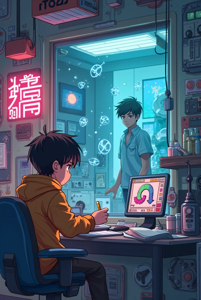 top quality, Cute pictures of ren learning in the machine room are shown on the office screen, A man staring at a screen in the office, pen, A thin neon sign is floating in the air, profile, smile