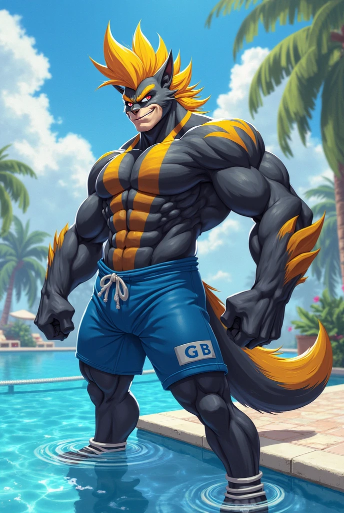 nj5 fur, (Zeraora, Large scale, Huge), Zeraora, ((Extremely realistic shadows, masterpiece, Very detailed, Realistic)), kemono, Zeraora, ((Detailed face)) Green Eyes, ((Fine grain)), Mischievous Smile, scale, wears a a tiny thong revealing Huge muscular thighs; Sexy cumshot🔞, Beach, Day, sun rays, sun, cloud, 2 meters tall, Optimal Height, Tight clothing, Muscular body; Pectoral muscle, Toned Abs, V-shaped body, Thick waist, Long legs, Strong arms, manly, Handsome face, Attractive, cool and calm face type、With a cold smile, Bodybuilder's body, topless.