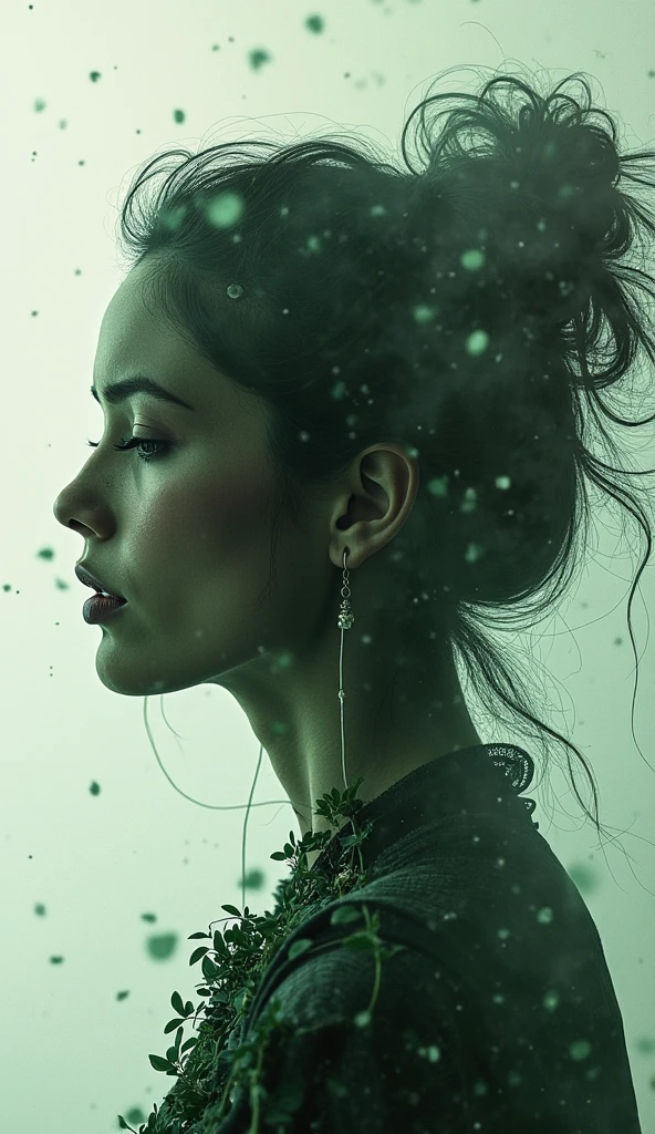 Wallpaper, Poster Masterpiece, high quality, high standard, high resolution, Ultra realistic, 8K Ultra HD, A beautiful and peaceful double exposure that combines black, grey, and green should serve as the underlying backdrop, with its details. The background is monochrome, sharp focus, double exposure, deep conscious analyses, and aura. Conforme a bio a seguir, crie 1 avatar, com elegancia:

Mentality * Genuine, Truth & Dareful

Infusion.e Original.e II * Maturity, Elegance & Relationship
The After-Midnight Thoughts Are Here, Acid&Spicy

