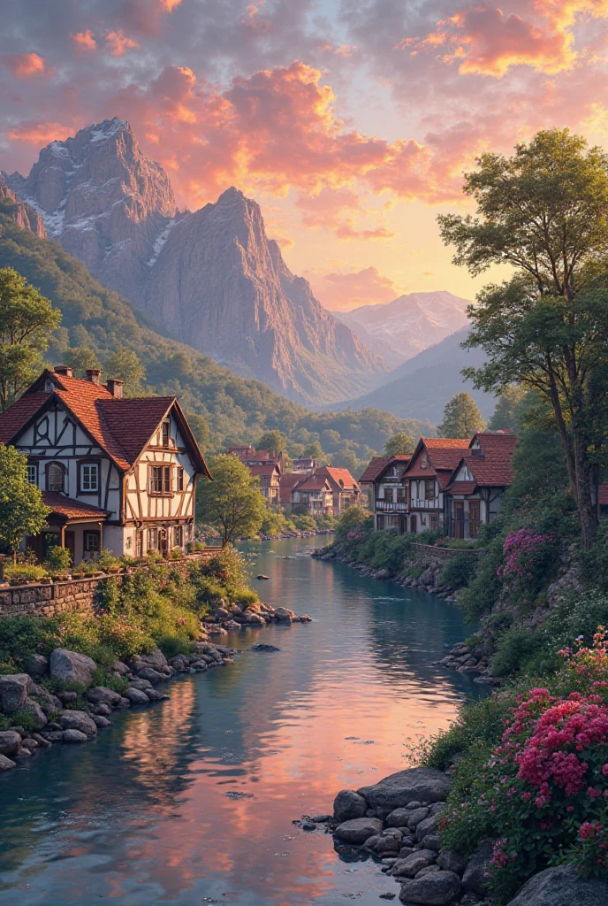 a small village by the river, mountains in the background, floral flowers colorful, detailed landscape, Beautiful natural landscapes, atmospheric lighting, scorching sunset, warm colours, practical, photopractical, Detailed Foliage, complex buildings, cobblestone street, Charming country house, swirly vibrant colors, lush vegetation, Still water reflections, Picturesque, idyllic, work of art, best qualityer, 8k, extremely detaild,anime styling