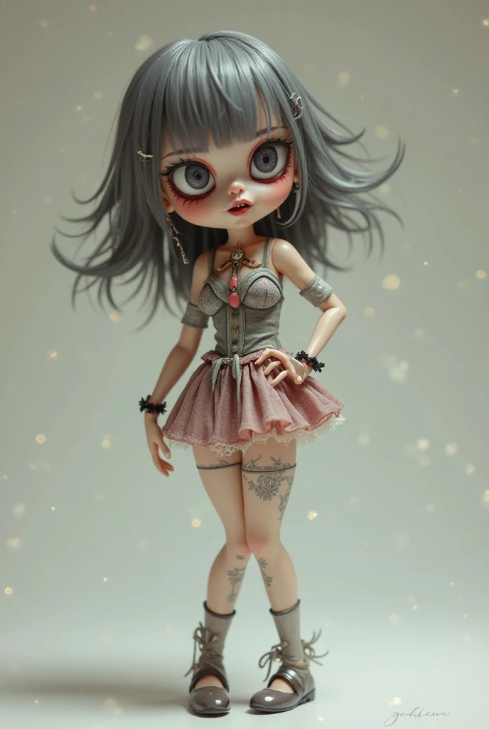 Bratz girl with detailed eyes and big lips and grey hair , full body , plastic skin , doll joints , ,(masterpiece, top quality, best quality, beautiful and aesthetic:1.2), konpaku_youmu_touhou, doll, revealing clothes, big head, 1girl, solo, breasts, curvy, wide hips, narrow waist, joints, doll joints, cleavage, bursting breasts, huge breasts, lips, 1girl, short_hair, ribbon, hairband, black_hairband, hair_ribbon, black_ribbon, bangs, white_hair, vest, blue_eyes, green_vest, sword, katana, hitodama, bow, blush, black_bow, grey_hair, midriff, full body, high heels, thighhighs