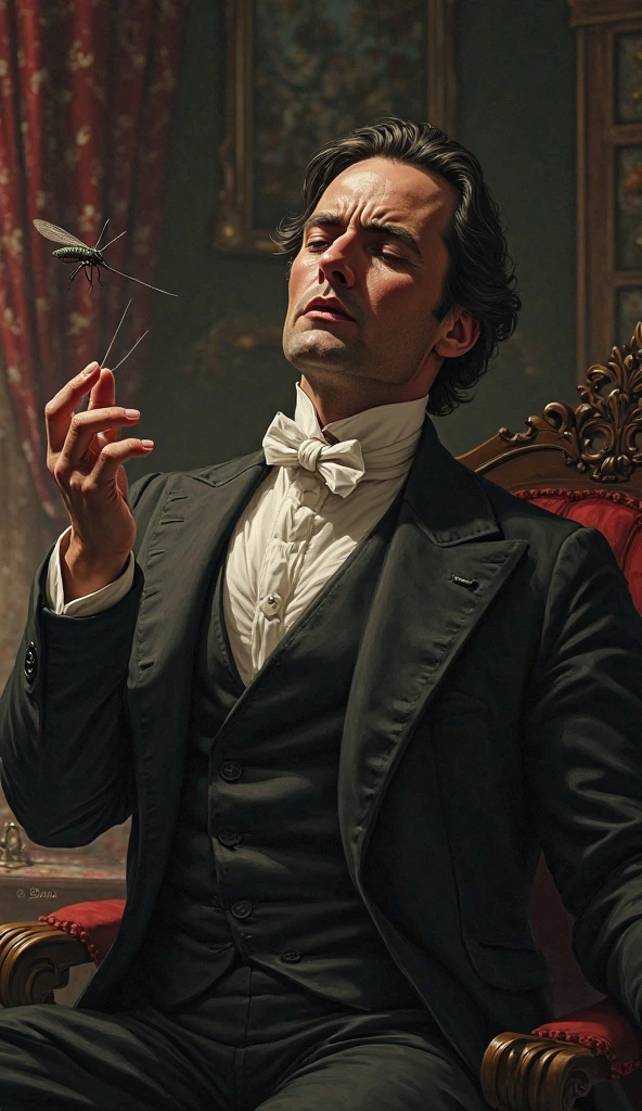 Victorian man being bitten by mosquito with dramatic lighting