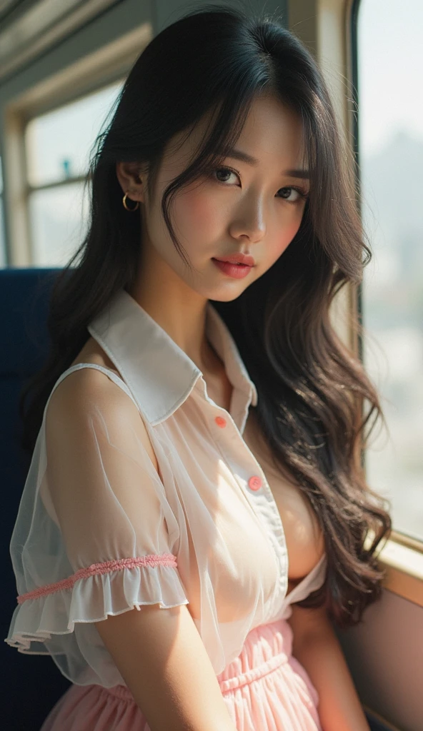 1 chica, hermoso, Amazing face and eyes, constituir, labios rojos brillantes, (hermoso rostro extremadamente detallado), (sexiest look), (hermoso ???????????), (camisa con hombros descubiertos, Falda apretada, hasta la rodilla:1.2), (mejor calidad:1.4), (ultra detallado), (Fondo de pantalla CG unificado 8k extremadamente detallado), Muy detallado, fotos crudas, professional photography, tren lleno, Session, (Abre tus piernas), (Ropa interior de Encaje), Landscape like a scene from a movie.,