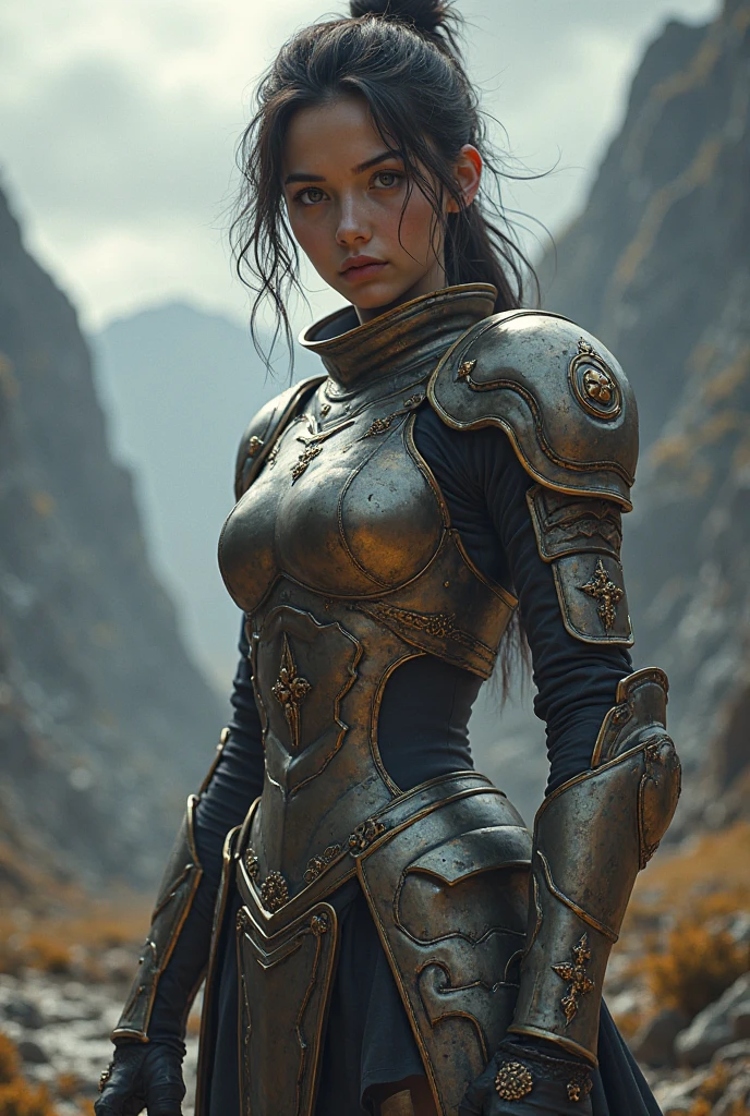 Extremely detailed CG Unity 32K wallpaper, (raw photography, masterpiece, ultra-high definition, highest resolution:1.1), authentic, highest quality, (correct anatomy:1.5), (intricately detailed face, extremely realistic skin texture:1.2), professional photo, grotesque, POV, 1 girl, ((female warrior:1.5)), Japanese teen, 15 years old, (from front:1.4), solo, cowboy short, looking at viewer, (oval and slim outline of the face:1.4), black hair, (SINGLE hair bun:1.5), fairly detailed skin, (sweat, tan:1.3), highly detailed eyes, (bright and dark eyes, tears:1.5), (tall nose:1.4), hyper-realistic nose and lips, expressionless, standing, ((chain mail:1.4)), (slender:1.5), (muscular, beautiful breast:1.3), ((wounded, injured, bleeding:1.5)), (((1 spear had pierced the girl’s abdomen, penetrating injury of the abdomen:1.5))), (((bleeding from the abdomen, bloody, gore:1.4))), (((holding 1 sword in right hand:1.2))), (((outdoor, medieval era, battlefield, vandalized village of Asia:1.3))), (curvy outline of female body, perfect body proportion:1.5), sharp focus, depth of field, cinematic lighting, fairly detailed limbs, (perfect anatomy of the limbs:1.4), highly detailed hands, (correct anatomy of the hands:1.5),