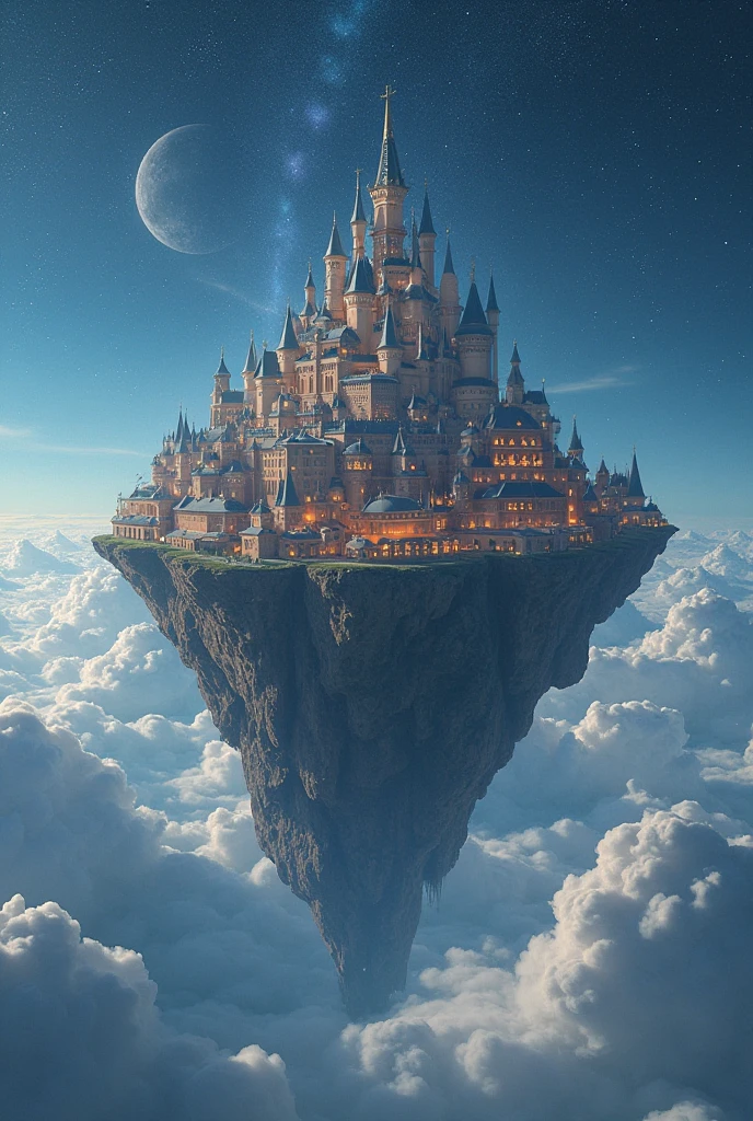 A floating island in the sky. with a city in it. Night setting