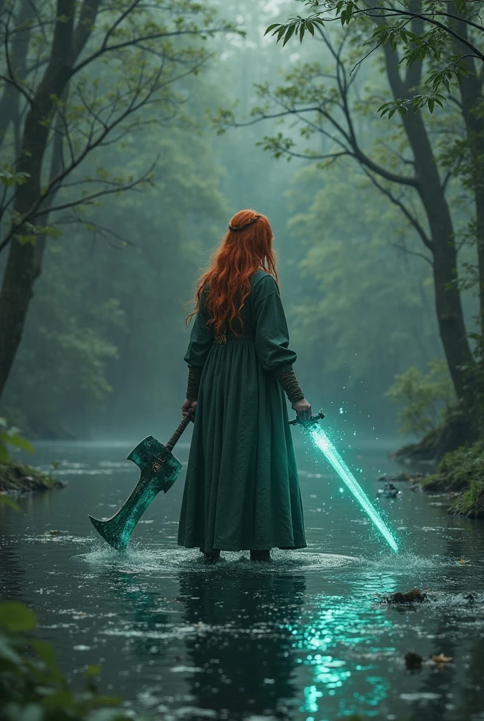 a girl with red hair at shoulder length and green eyes in the age of 18. The girl holds two swords. She is standing on the waters of a lake in a dark forest fighting against a clone of herself with bright blue eyes. The clone holds a huge axe