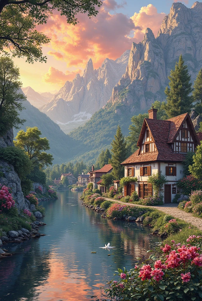 A small village by the river, mountains in the background, colorful flowers, detailed landscape style, beautiful natural scenery, atmospheric lighting,  scorching sunset ,  warm colors, practical, photographic, detailed foliage, complex buildings , cobblestone street, charming country house, vibrant colors, lush vegetation, reflections in the water, pitoresco, idyllic, work of art, Best Quality, 8k, extremely detailed, anime style