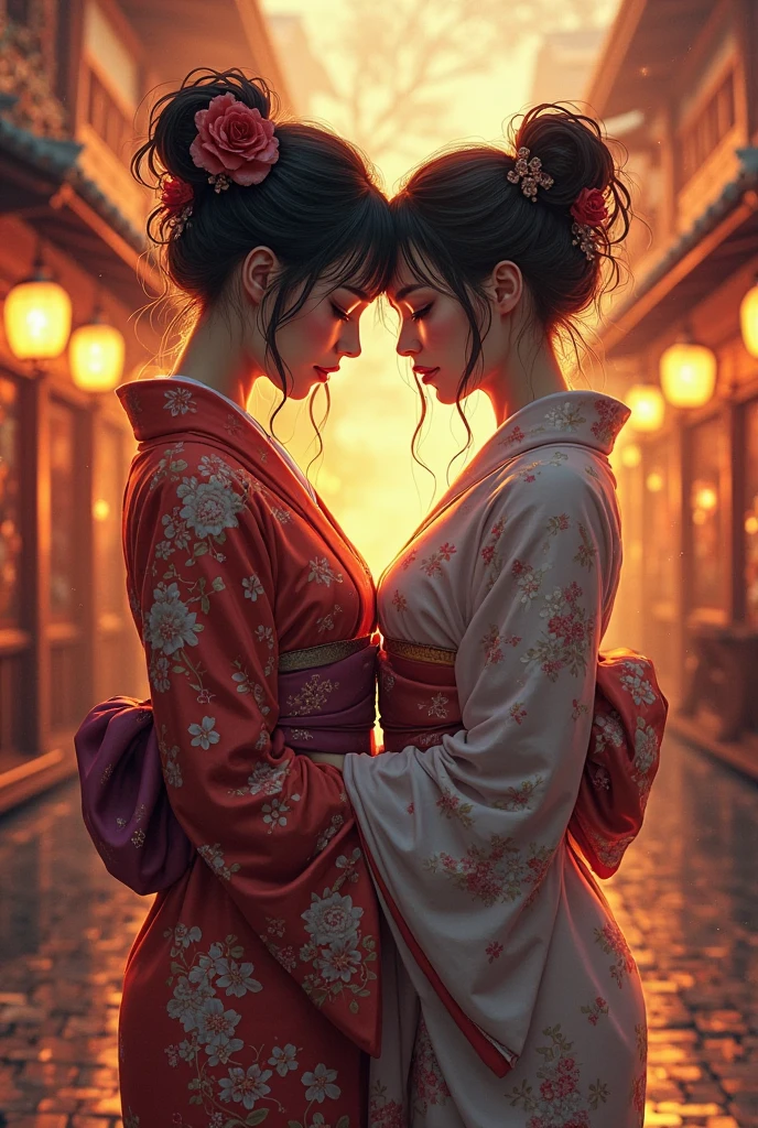 Two prostitutes kissing in the Pleasure District in Japan 