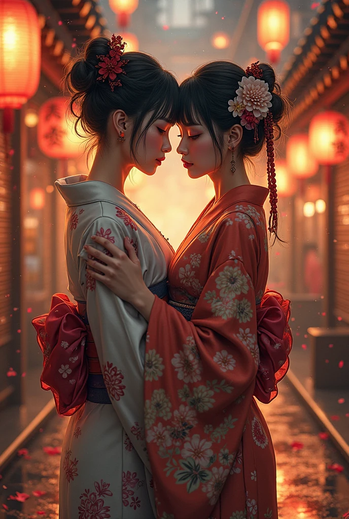 Two prostitutes kissing in the Pleasure District in Japan 