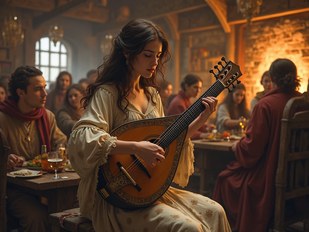 A YOUNG WOMAN PLAYING A  IN A CROWDED MEDIEVAL TAVERN