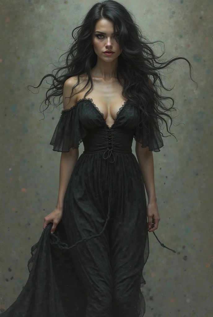 Woman with long waist hair and jet black eyes.Black dress with wide neckline without open back on the hips that reflects her thighs when walking. Lustful look that invites you to sin.
