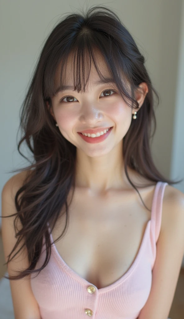 (((Highest quality))) ((masterpiece)) ((Real beautiful girl)) 18-year-old beautiful girl (Cute face) clear (()) ((naked)) ((Flat chest) smile Creating Bangs