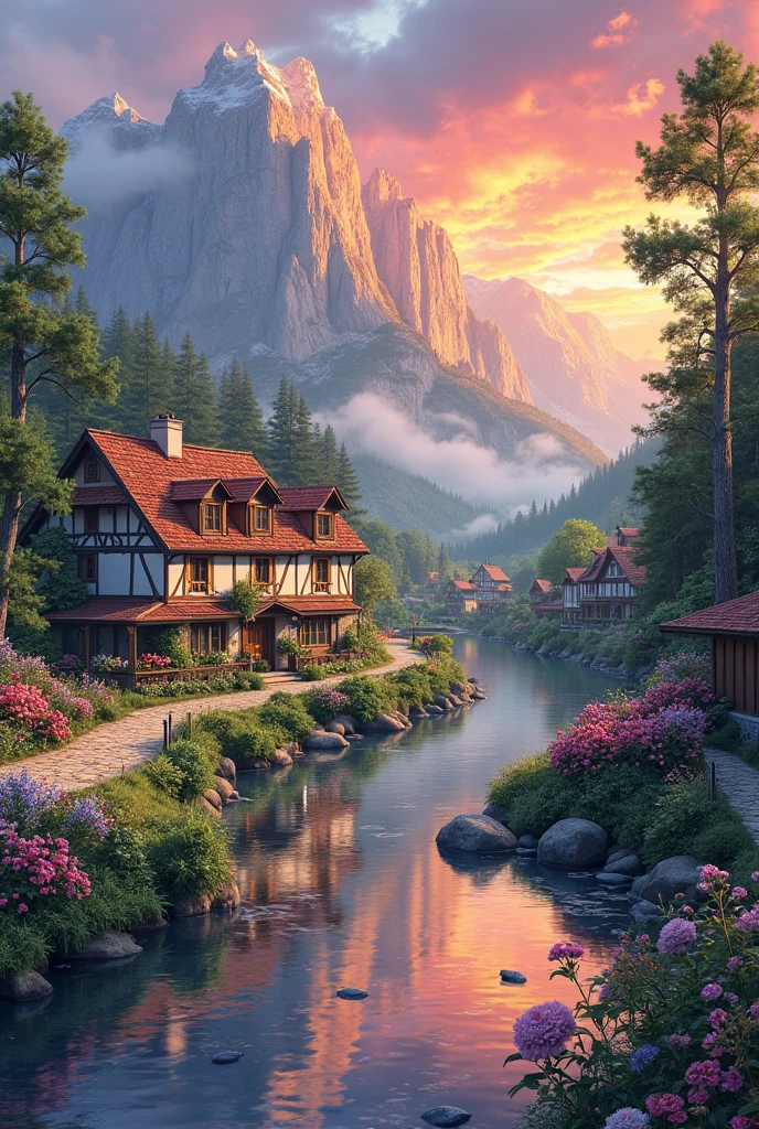 A small village by the river, color of the mountain in the background, colorful flower flowers, detailed landscape, beautiful natural scenery, atmospheric lighting, scorching sunset, warm colors, Practical, фотоPractical, detailed foliage, complex buildings, paved street, charming country house, swirl bright colors, lush vegetation, reflections on water, picturesque, idyllic, artwork, the best quality, 8k, very detailed, anime styling