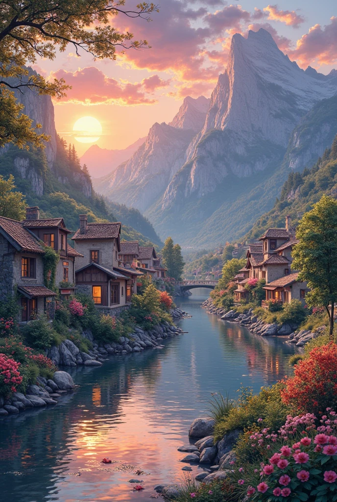 A small village by the river, color of the mountain in the background, colorful flower flowers, detailed landscape, beautiful natural scenery, atmospheric lighting, scorching sunset, warm colors, Practical, фотоPractical, detailed foliage, complex buildings, paved street, charming country house, swirl bright colors, lush vegetation, reflections on water, picturesque, idyllic, artwork, the best quality, 8k, very detailed, anime styling