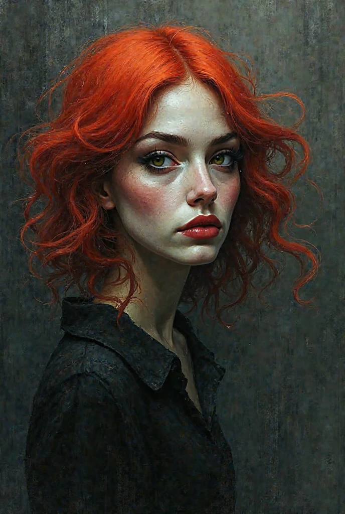 Cubist portrait of a woman with red hair and a fog around her and a black background