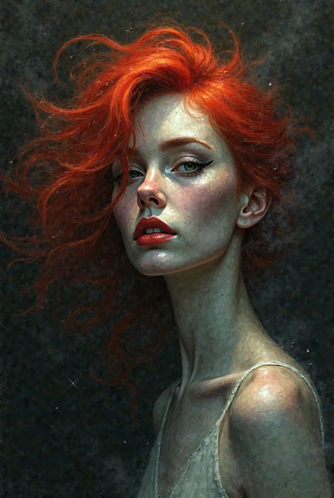 Cubist portrait of a woman with red hair and a fog around her and a black background