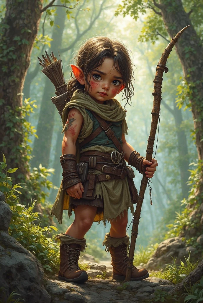Realistic small halfling female character with a snipe weapon on her back RPG