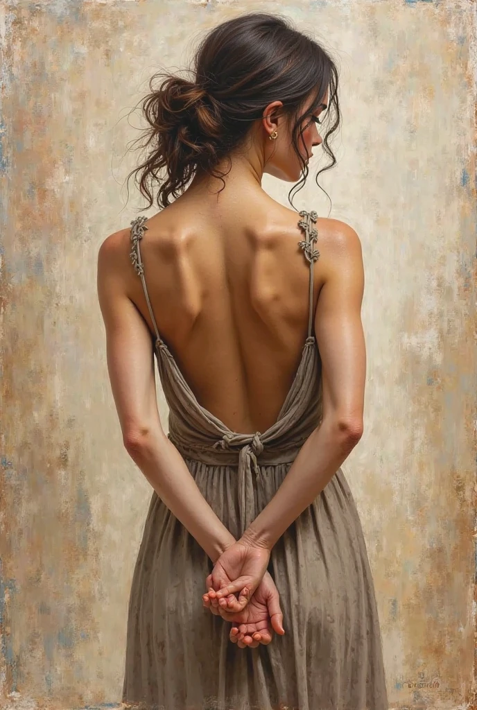 An acrylic painting of a woman with her back in a loose dress that highlights her figure. Her hands are intertwined behind her back in an elegant and mysterious pose. The texture of the painting is visible, with expressive brushstrokes and warm, neutral colors. The background is abstract or subtly detailed, evoking an artistic and sophisticated atmosphere. Let the brushstrokes be noticed as if it were a little animated