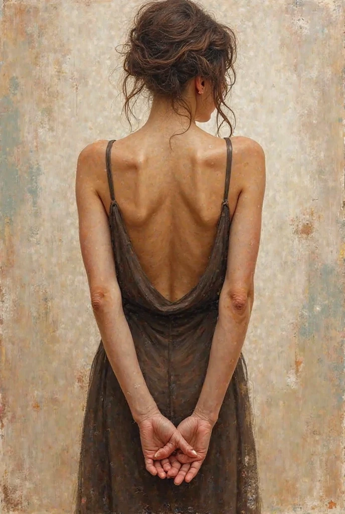 An acrylic painting of a woman with her back in a loose dress that highlights her figure. Her hands are intertwined behind her back in an elegant and mysterious pose. The texture of the painting is visible, with expressive brushstrokes and warm, neutral colors. The background is abstract or subtly detailed, evoking an artistic and sophisticated atmosphere. Let the brushstrokes be noticed as if it were a little animated