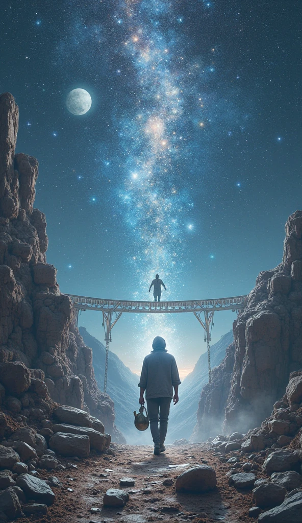 Hyperrealistic scene with astral symbolism. A solitary figure walks across a crystal bridge suspended in space, carrying a jug that pours liquid light in the form of stars. IN THE SKY, the Aquarius nebula shines brightly, with the planet Uranus in the background as a symbol of change. Ao redor, fragments of ancient and future technology are mixed with cosmic dust, representing the cycle between tradition and innovation. The image emanates an energy of transcendence, peaceful rebellion and visionary wisdom.