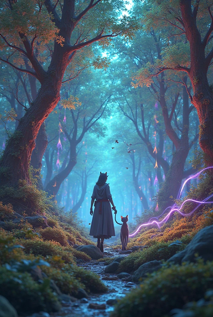 "3D fantasy forest with glowing trees, rainbow lights, and a  walking with a magical cat")
