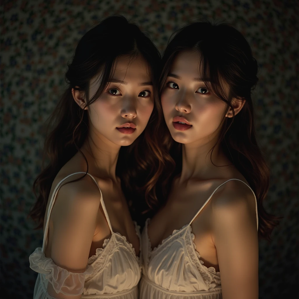 best quality, masterpiece, highres, asian style, 2 girls wearing a nightgown thin lace deep slit ?????, Pretty face, magic import style, tyndall effect, photo realistic, dark studio, border light, two tone light, (high detail skin: 1.2), 8k uhd, dslr , soft light, high quality, volumetric light, candid, Photo , high resolution, 4k, 8k, Bokeh, In the Dark: 1.6), surreal full body of women by David Hockney and Alphonse Mucha, fantasy art, photorealism, dynamic lighting, station art, posters, volumetric lighting, highly detailed faces , super 8k, Awarded, in the dark, deep shadow, low light, bust, Best face, Very round and tight ???????, Surreal, guweiz, (full body), (Background detail 1.8), moderately big ????, --auto