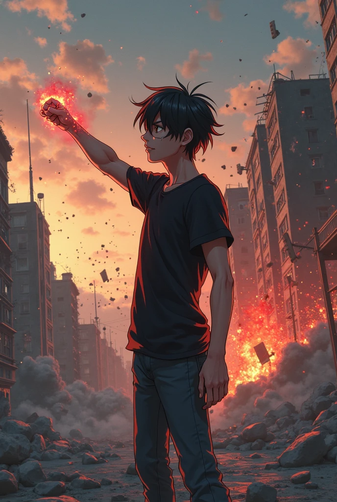 A dramatic anime-style action scene from a distant side view: A young man with jet-black hair, golden eyes, and a jagged scar on his right cheek stands in an open urban area, dressed in a black t-shirt and jeans. He throws a powerful punch into the air, his arm extended with veins faintly glowing red, pulsating with energy that radiates outward. The force of the strike unleashes a massive shockwave, invisible yet destructive, rippling through the environment and obliterating a nearby abandoned building.

From this far angle, the full scale of destruction becomes evident—chunks of concrete and debris explode outward in slow motion, the structure crumbling dramatically as the shockwave spreads. Dust clouds rise high into the air, swirling chaotically around the collapsing building. Despite the chaos, his figure remains steady in the foreground, silhouetted against the destruction with glowing veins adding an eerie red hue to the scene.

The camera captures the vastness of the area, emphasizing the contrast between his calm, composed stance and the violent aftermath behind him. His glowing veins pulse faintly along his arm, highlighting the supernatural power behind the attack, while the dim lighting of the setting sun casts long shadows across the desolate landscape. Dynamic angles and detailed visuals enhance the epic impact of the moment, focusing on both the raw strength of the character and the sheer devastation caused by his single punch.