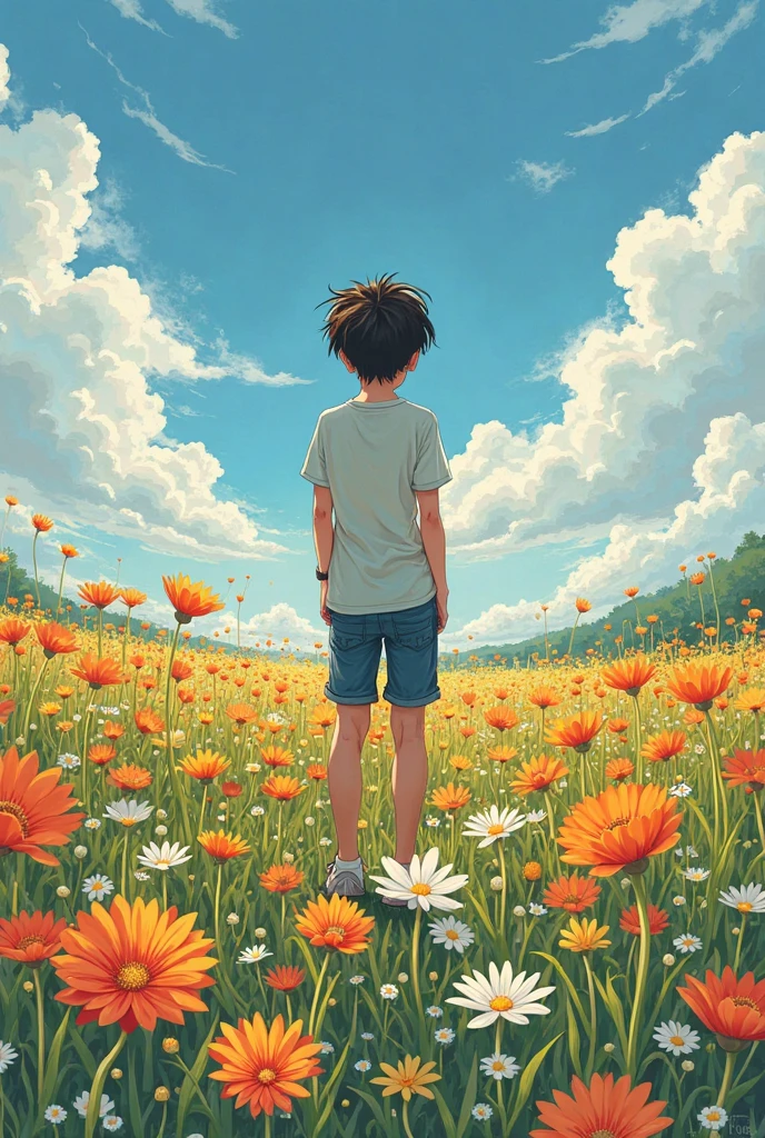 There is a cartoon boy standing in a field of flowers,  sexy long legs ,  Brilliant digital panel , Art backgroundwork, beautiful detailed digital art, painted by Raines in Art Station, Stealing Ray and Kentaro Miura pattern, by Joon Sook Lee, Art background,  colors The official illustration , cover illustration, Ati Ghailan 8 k, Loesh and Guru Fujita