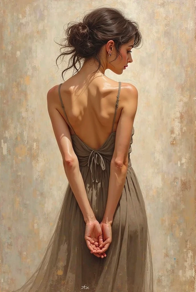 animation style as if it were An impressionistic acrylic painting of a woman with her back wearing a loose dress that highlights her figure. Her hands are intertwined behind her back in an elegant and mysterious pose. The texture of the painting is visible, with expressive brushstrokes and warm, neutral colors. The background is abstract or subtly detailed, evoking an artistic and sophisticated atmosphere.